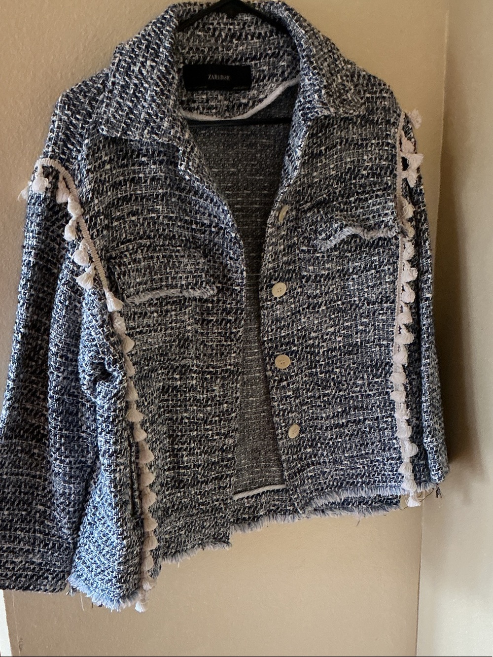 Zara Navy and White Tweed Crop Jacket with Tassel Trim